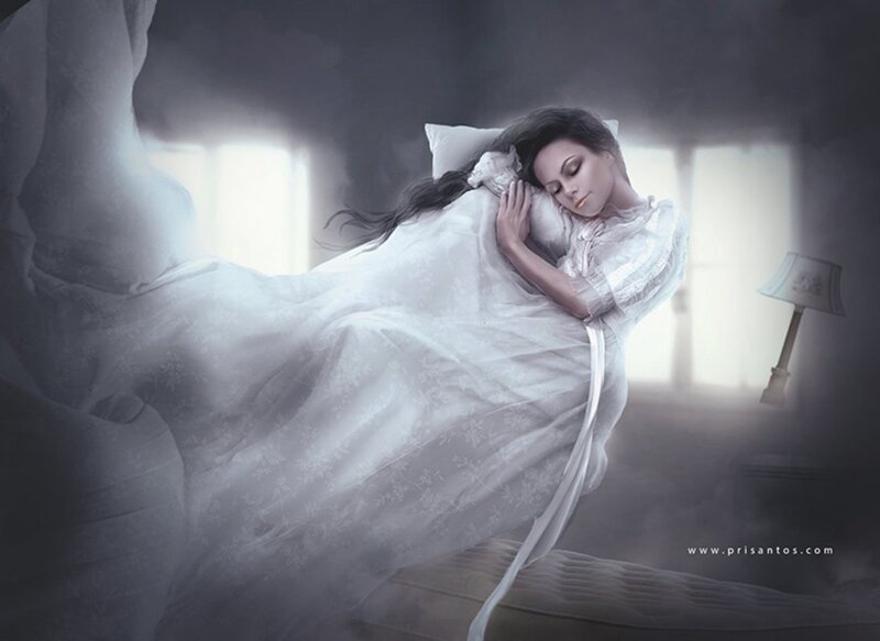 Woman Sleeping in Bed — White, Serene, Night