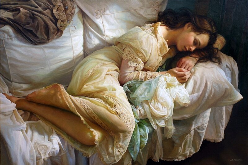 Woman Sleeping in Bed — White, Serene, Painting, Pillow, Dress
