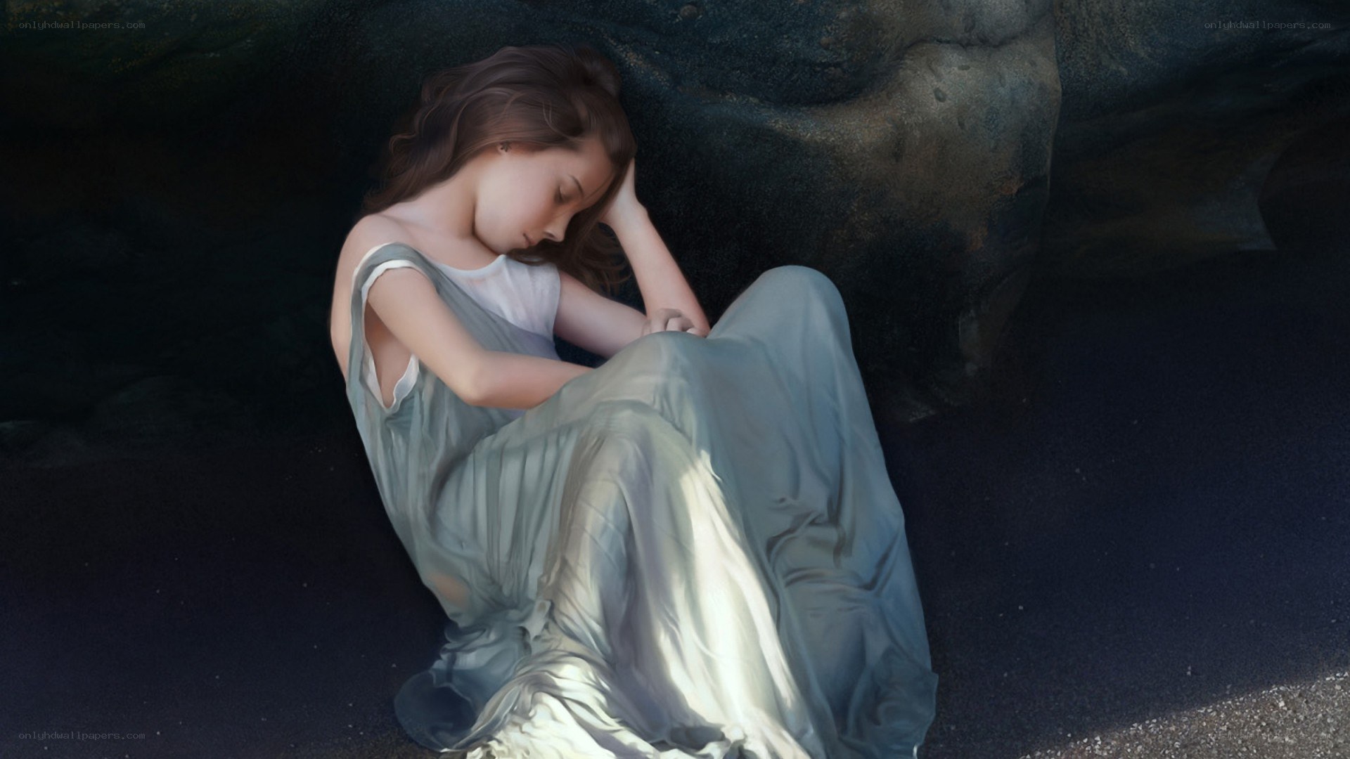 woman sleeping in cave