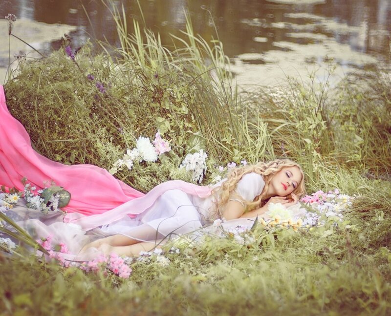Woman Sleeping in Flowers — Pink, Serene
