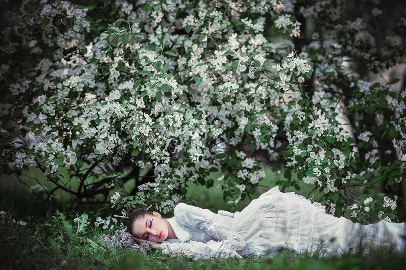 Woman Sleeping in Flowers — White