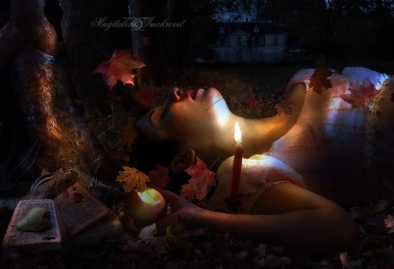 Woman Sleeping in Forest — Brown, Dramatic, Night