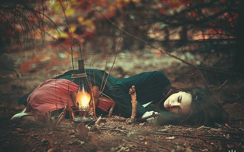 Woman Sleeping in Forest — Brown, Serene