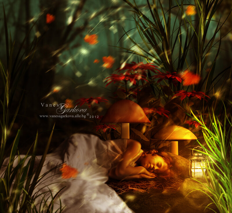 Woman Sleeping in Forest — Green, Serene, Night