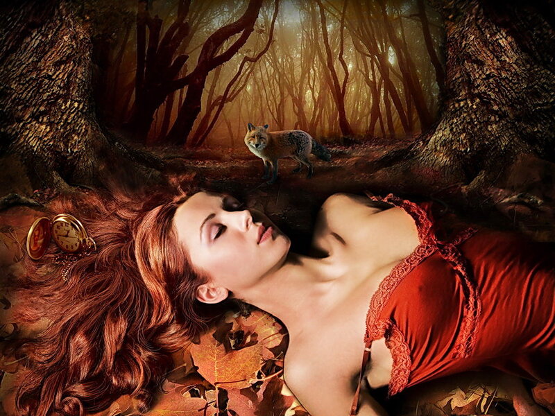 Woman Sleeping in Forest — Red, Dreamy
