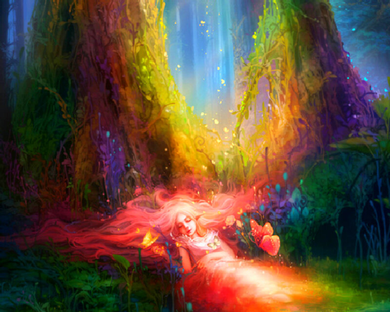Woman Sleeping in Forest — Red, Serene, Digital Art
