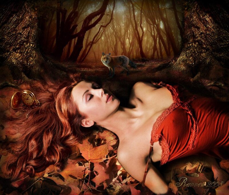 Woman Sleeping in Forest — Red, Serene