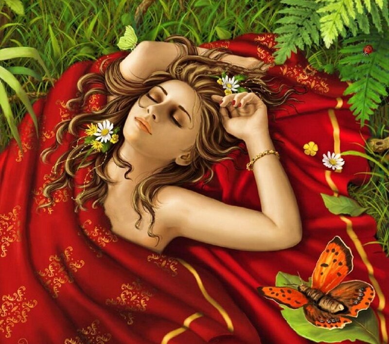 Woman Sleeping in Grass — Red