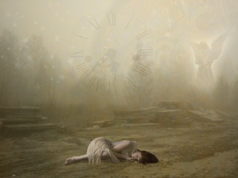 woman sleeping in misty landscape