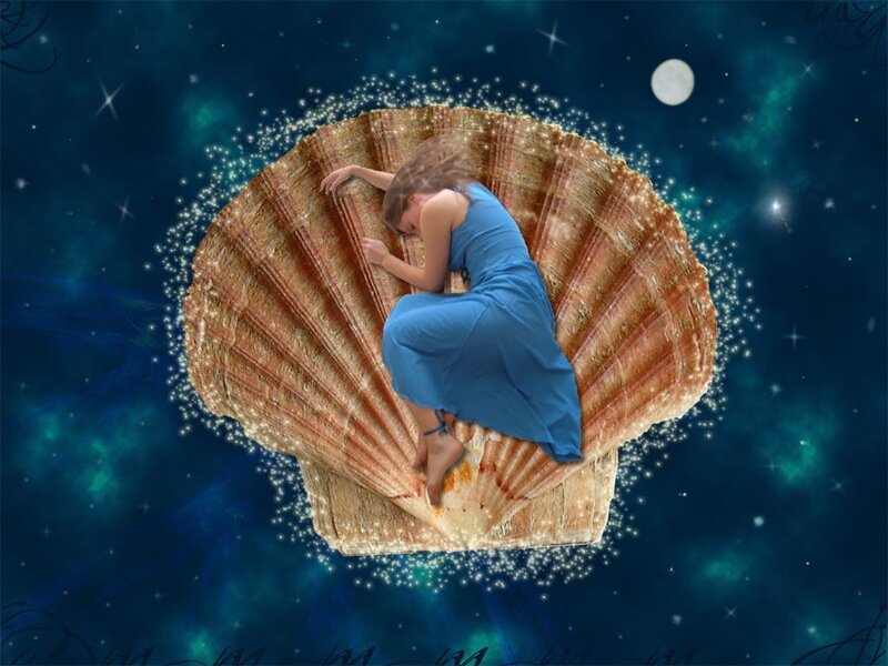 woman sleeping in seashell