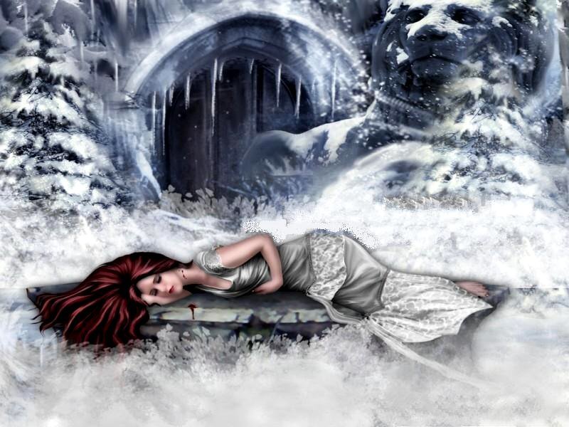woman sleeping in snowy ruin
