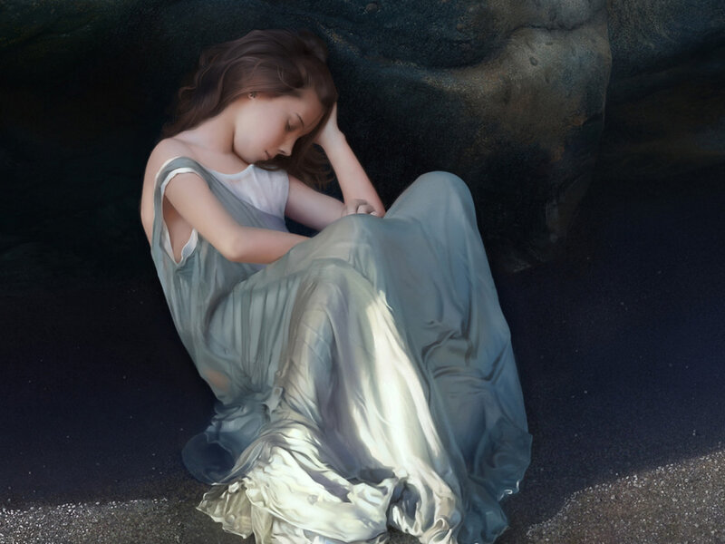 Woman Sleeping on Beach — Blue, Serene, Night