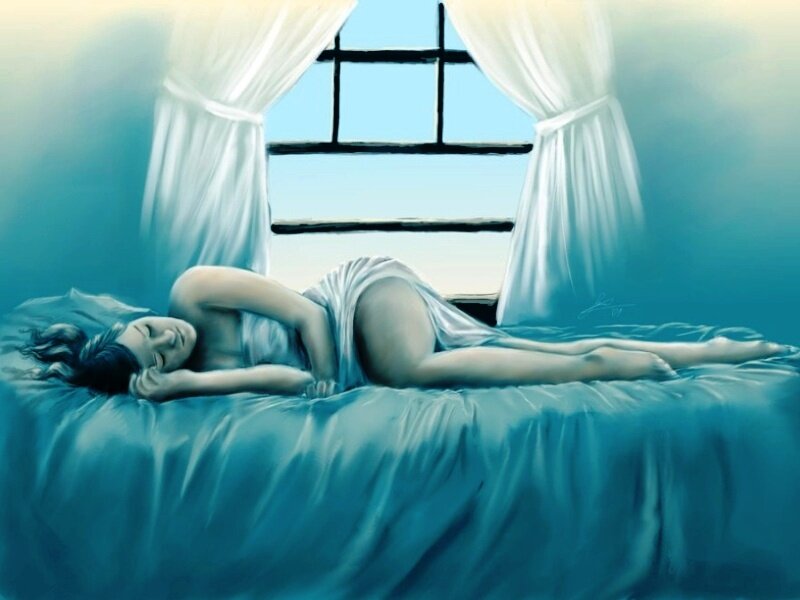 Woman Sleeping on Bed — Blue, Serene