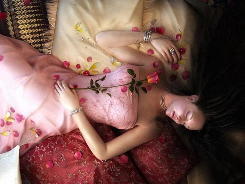 Woman Sleeping on Bed — Pink, Serene, Digital Art