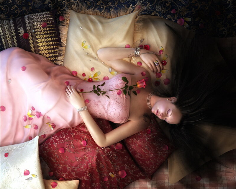 Woman Sleeping on Bed — Pink, Serene