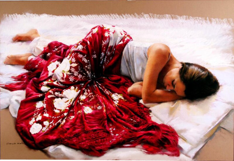 Woman Sleeping on Bed — Red, Serene, Painting