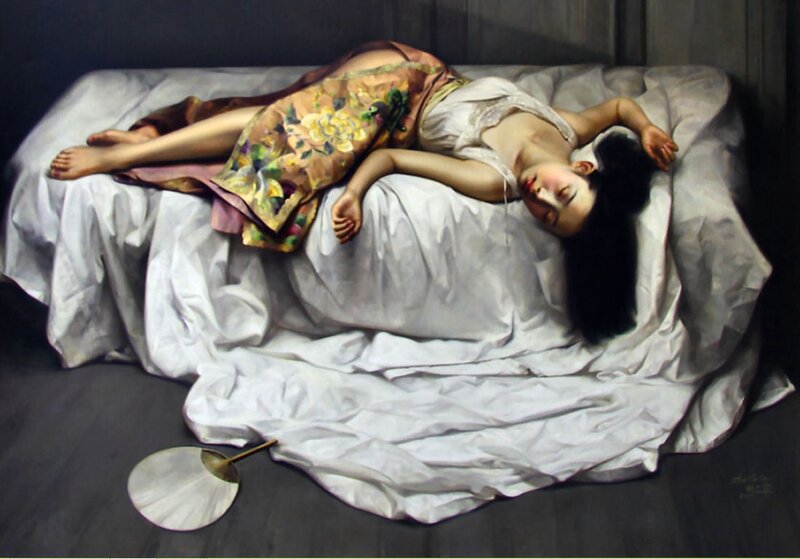 Woman Sleeping on Bed — White, Serene, Painting, Fan