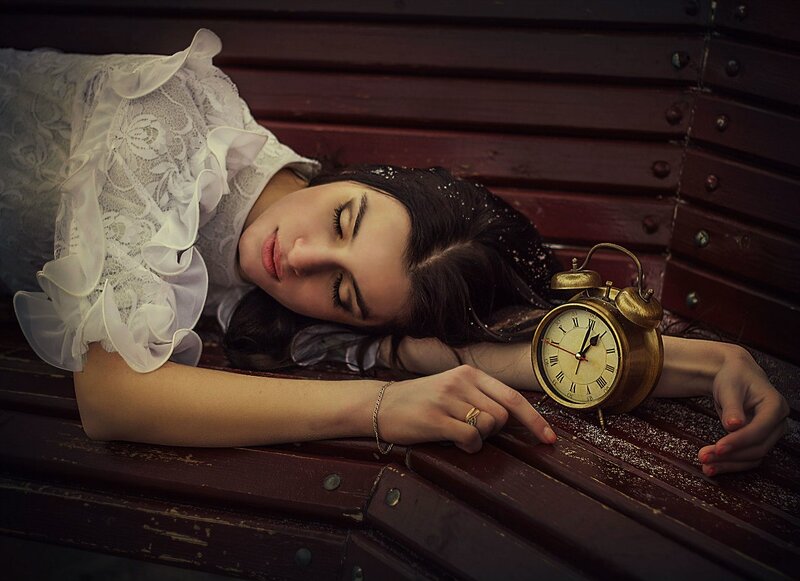 Woman Sleeping on Bench — Brown
