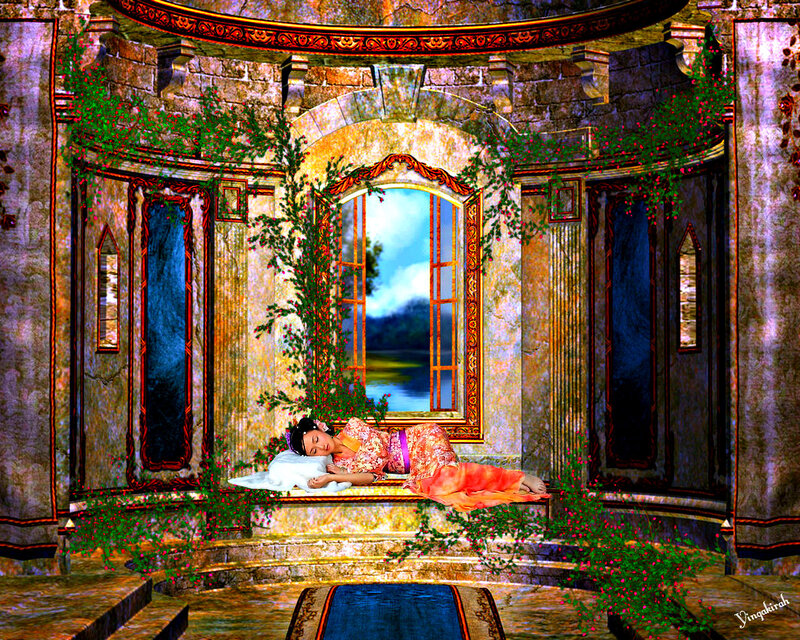 Woman Sleeping on Bench — Gold