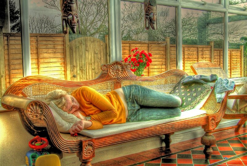 Woman Sleeping on Chaise — Brown