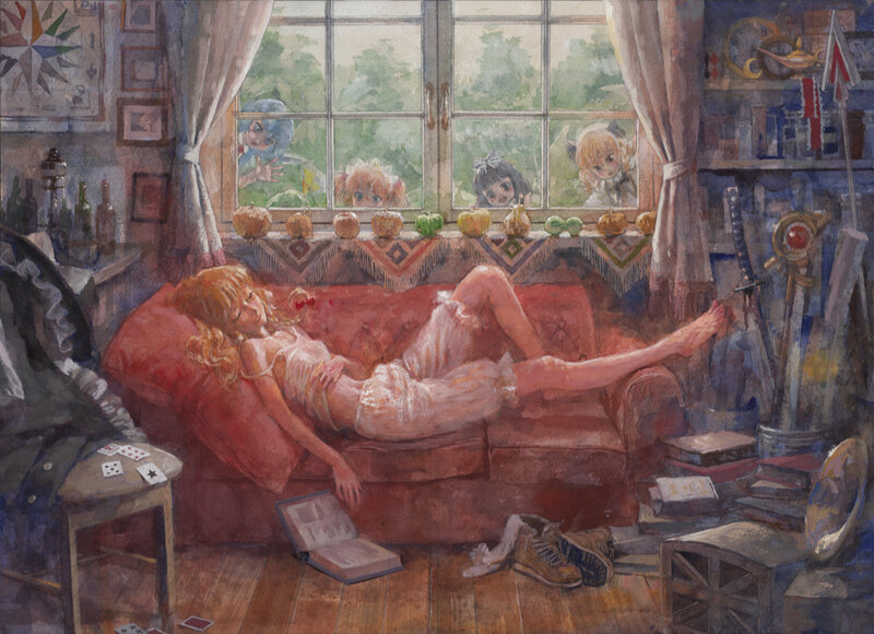 Woman Sleeping on Couch — Red