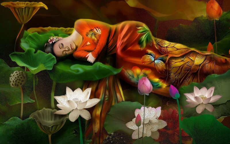 Woman Sleeping on Lotus Leaf — Green