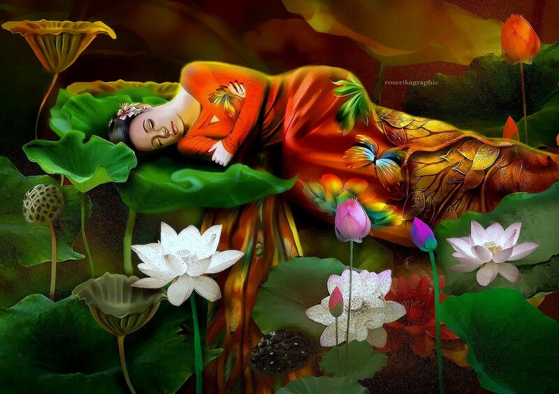 Woman Sleeping on Lotus Leaf