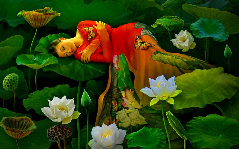 Woman Sleeping on Lotus Leaves — Green