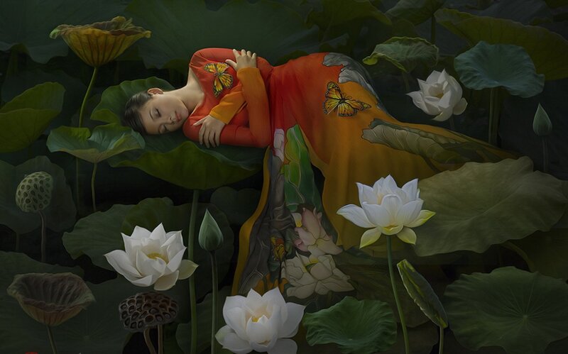 Woman Sleeping on Lotus Leaves