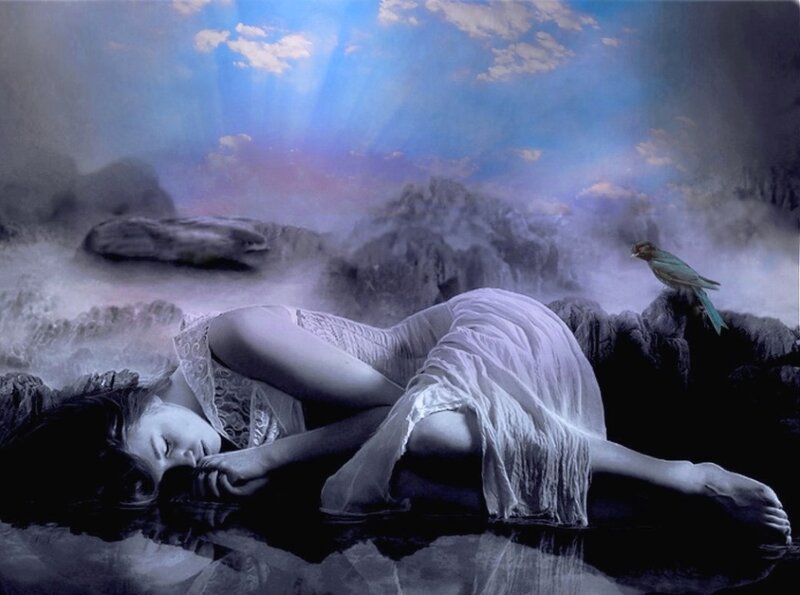 Woman Sleeping on Rocks — Blue, Serene