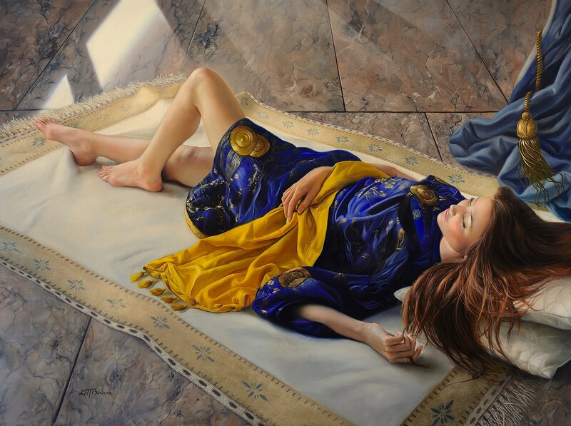 Woman Sleeping on Rug — Blue