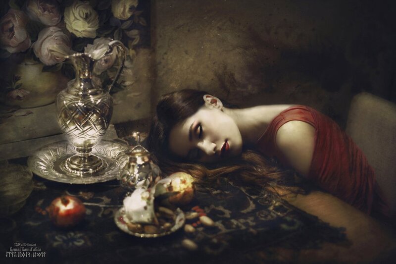 Woman Sleeping on Table — Red