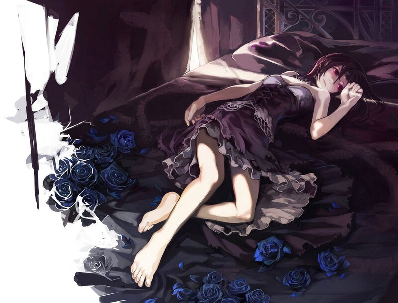 woman sleeping with blue roses