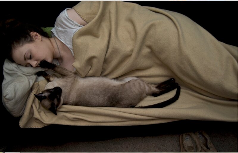 Woman Sleeping with Cat — Beige