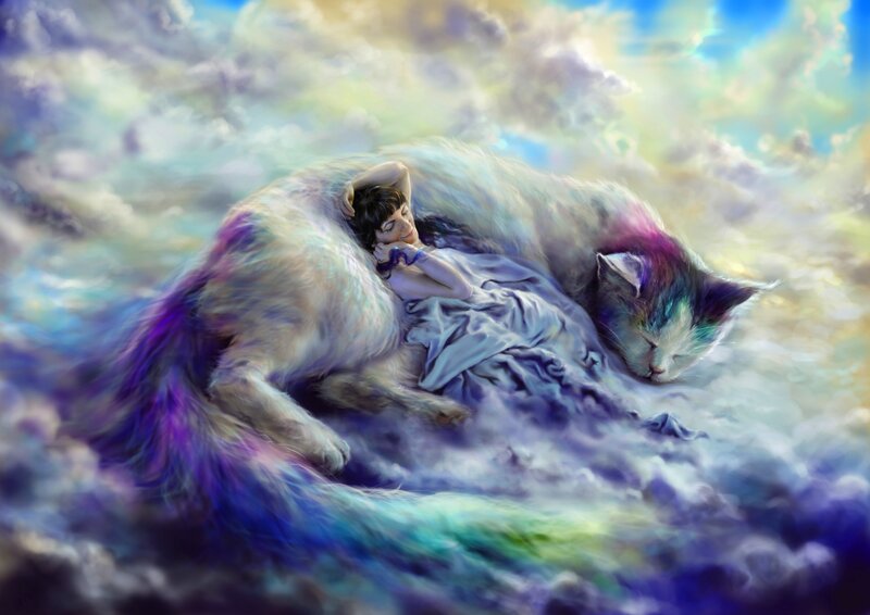 Woman Sleeping with Cat — Purple