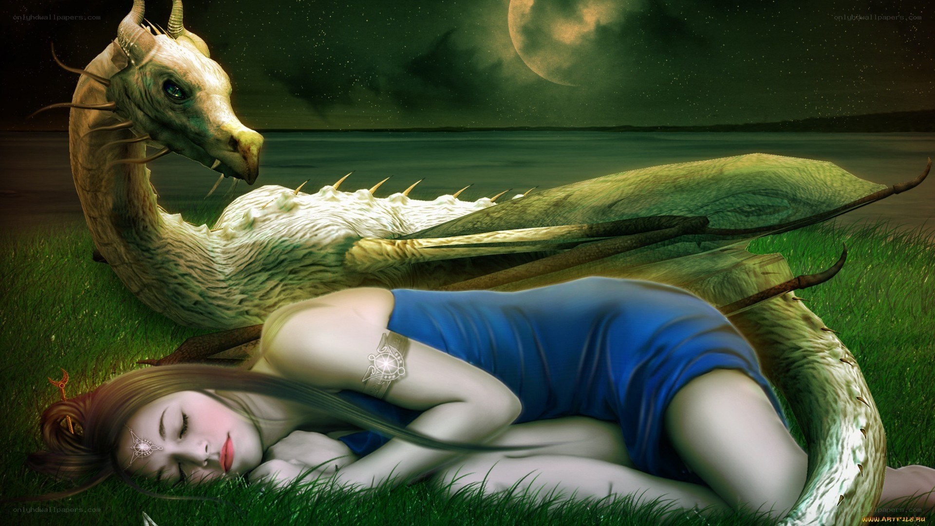 Woman sleeping with dragon