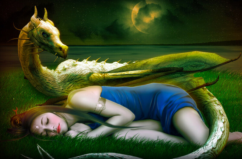 Woman Sleeping with Dragon — Green, Serene, Night