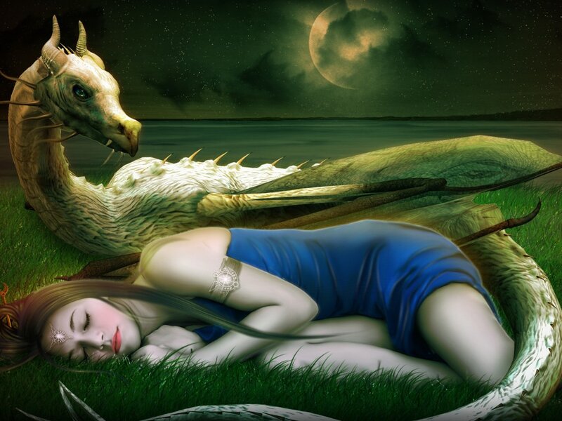 Woman Sleeping with Dragon — Green, Serene