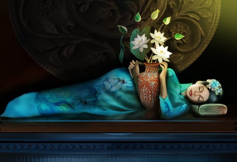 Woman Sleeping with Flowers — Blue, Serene, Night
