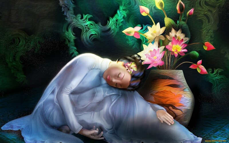 Woman Sleeping with Flowers — Blue, Serene