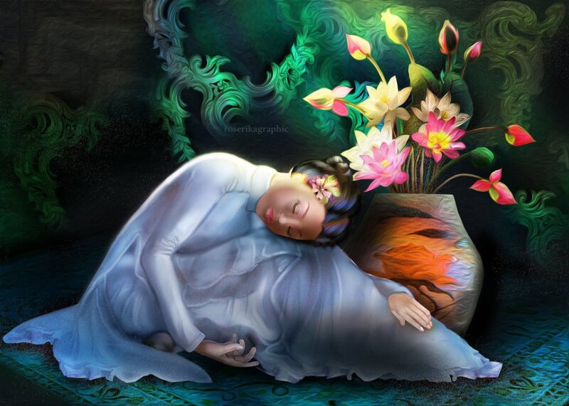 Woman Sleeping with Flowers — Blue