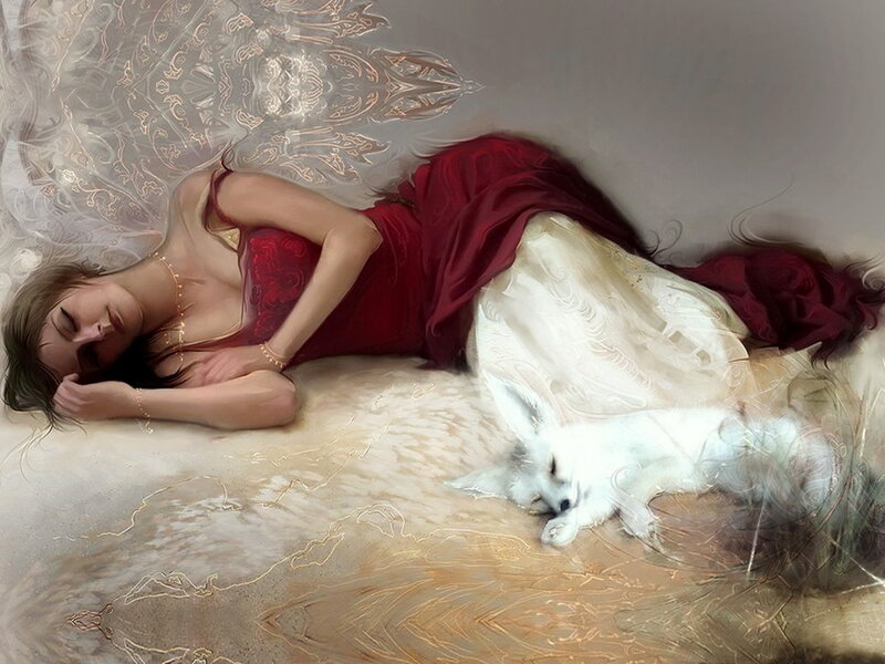 Woman Sleeping with Fox — Red, Serene