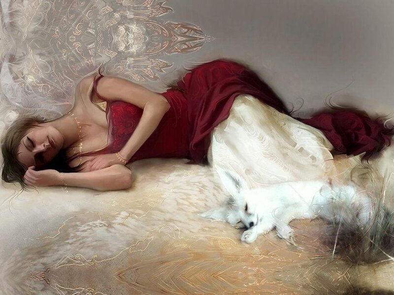 Woman Sleeping with Fox — Red