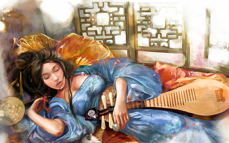 Woman Sleeping with Lute — Blue