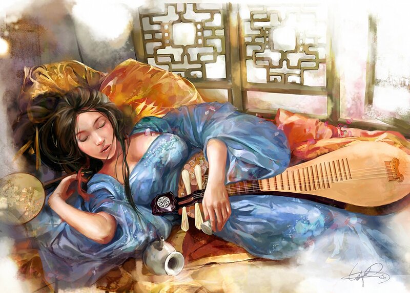 Woman sleeping with pipa