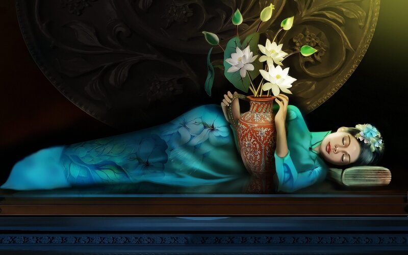 Woman Sleeping with Vase — Blue