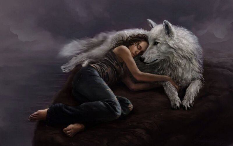 Woman Sleeping with Wolf — Gray