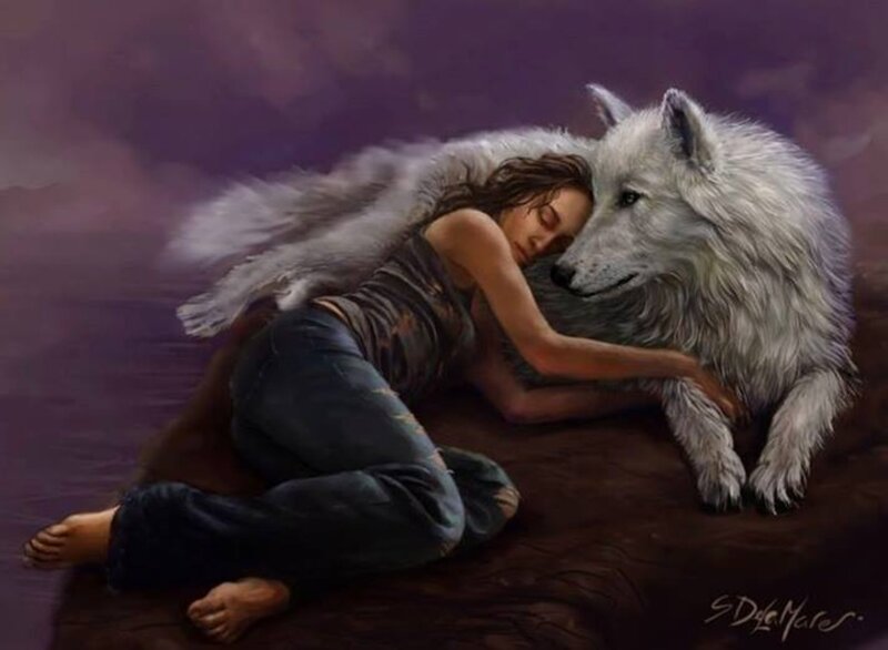Woman Sleeping with Wolf — Purple