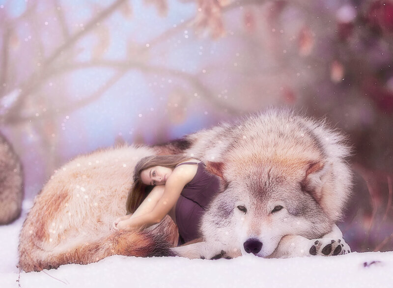 Woman Sleeping with Wolf — White, Serene