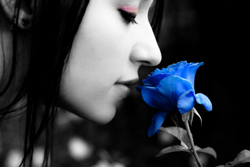 Woman Smelling Blue Rose